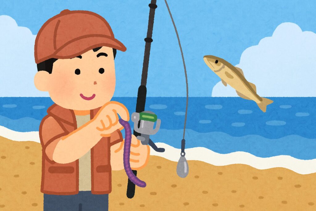 砂浜でパワーイソメを使ってキス釣りをしようとしている釣り人のイラスト。紫色のワームを釣り針に付けており、海には小さな魚が跳ねている。