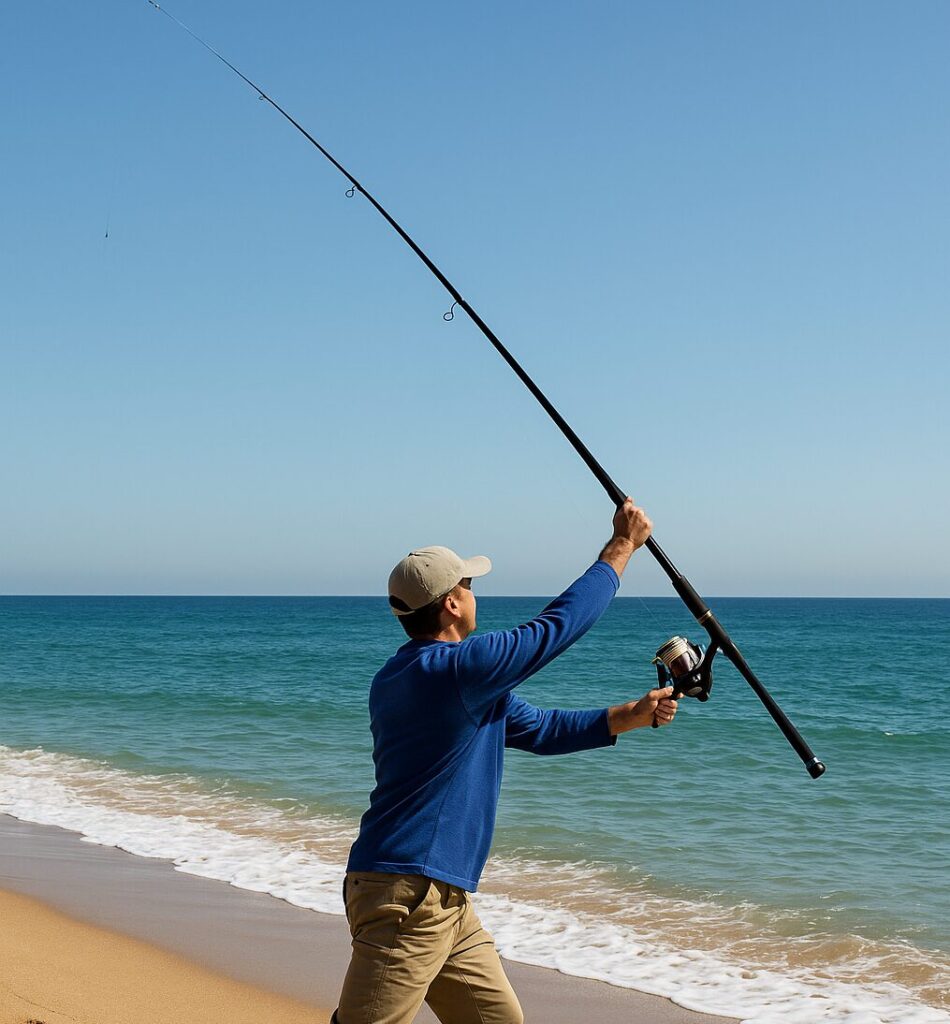 砂浜で投げ釣りをしている男性の様子。青い空と海を背景に、釣り竿を振りかぶっている瞬間を捉えた写真。