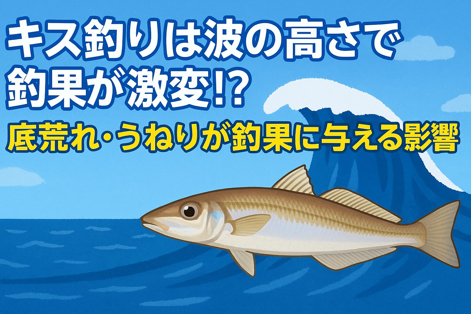 波の高さによるキス釣りの釣果の変化を説明するサムネイル画像。うねりと底荒れ、海の波、そしてキスのイラストが描かれている。