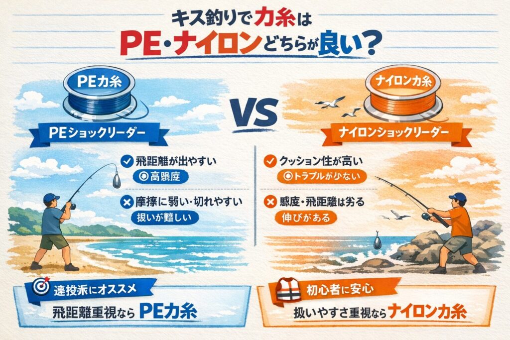 キス釣りにおける力糸のPEとナイロンの特徴と選び方を比較したインフォグラフィック。飛距離重視ならPE、扱いやすさ重視ならナイロンと分かりやすく解説している図。