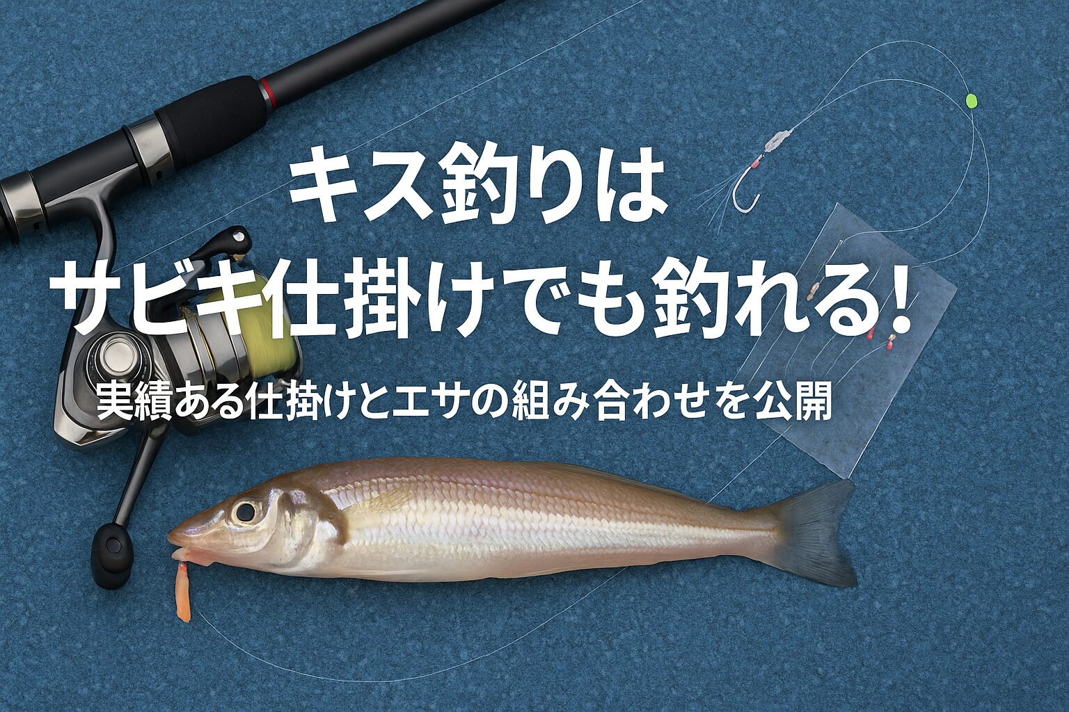 サビキ仕掛けで釣ったキスと釣り道具が並んだ画像