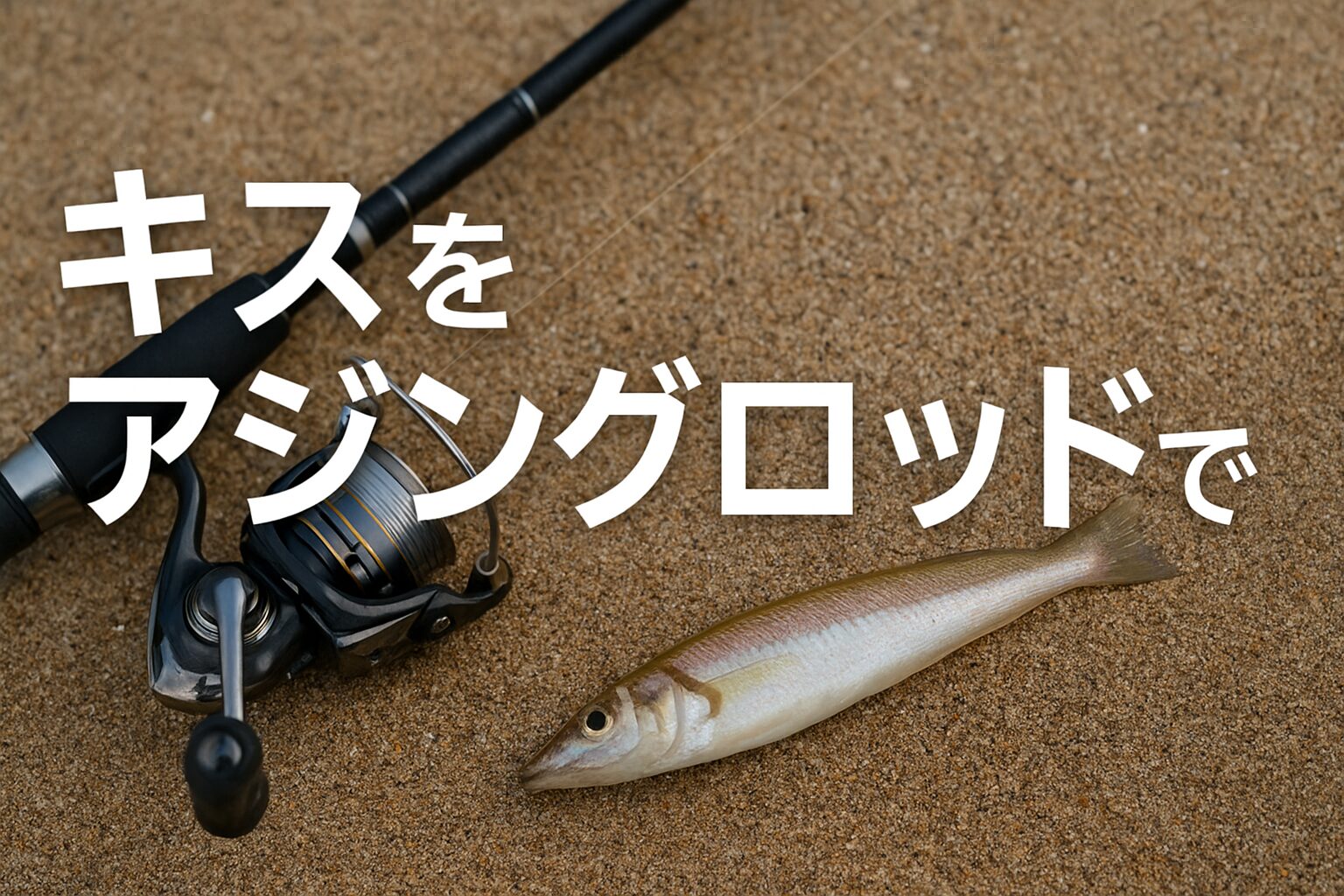 キス釣りをアジングロッドで楽しむためのアイキャッチ画像。海辺で釣りをするシルエットとタイトルテキスト「キスをアジングロッドで狙おう！」が中央に配置されたデザイン