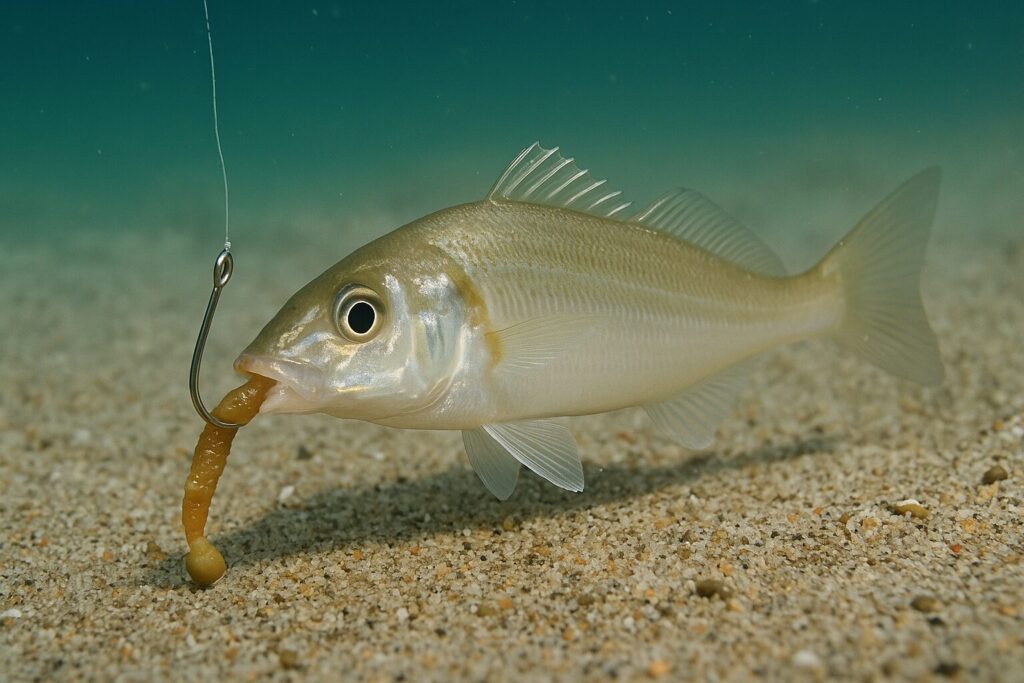 砂地の海底で釣り餌をついばむキスのリアルな水中写真