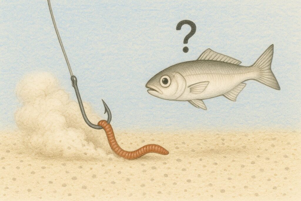 キス釣りのずり引きで砂煙が立ちキスが「?」となっている様子のイラスト