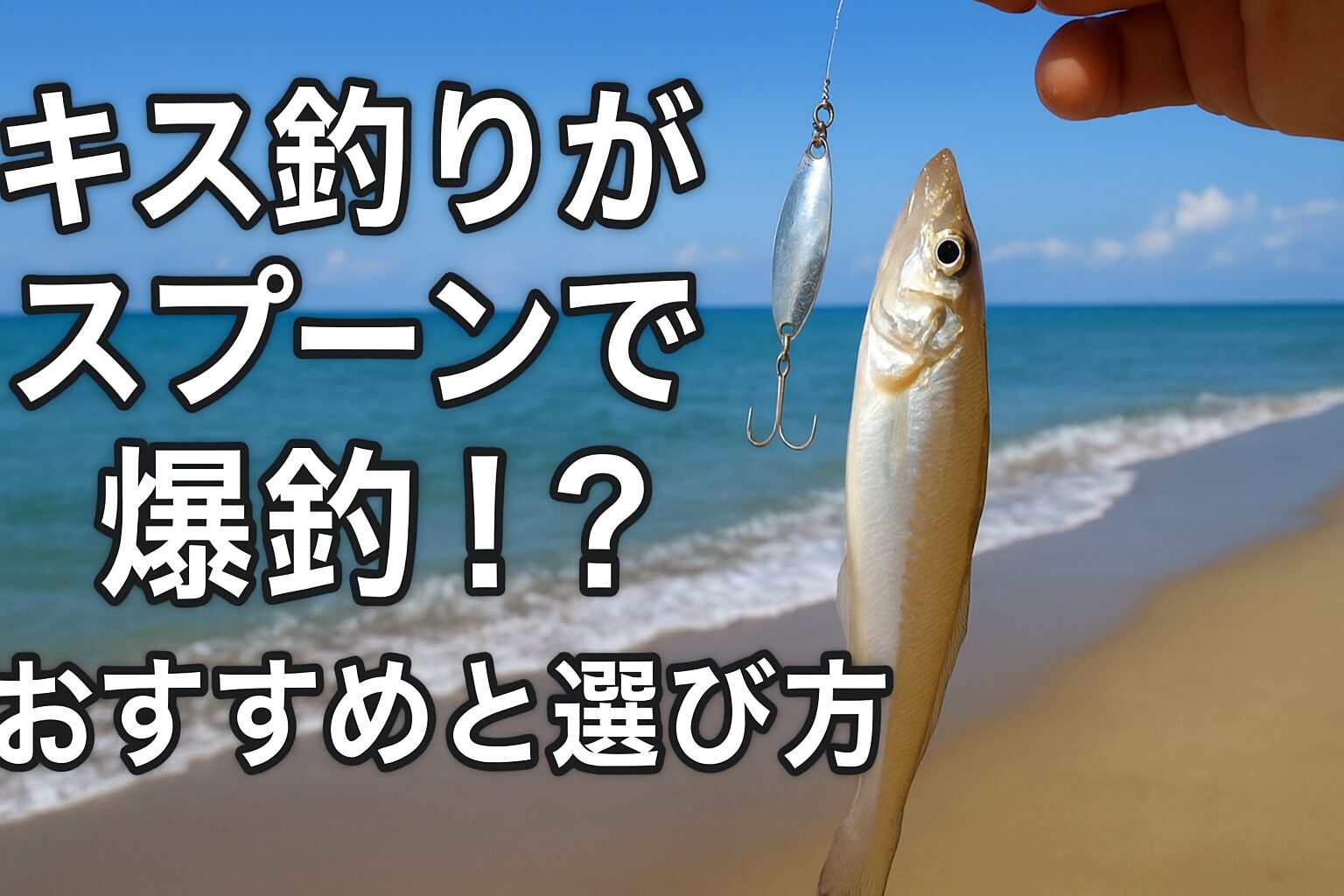 海岸で釣り上げたキスとスプーンルアーを手に持つ様子に、「キス釣りがスプーンで爆釣！？おすすめと選び方」というテキストが重なったアイキャッチ画像 ChatGPT に質問する