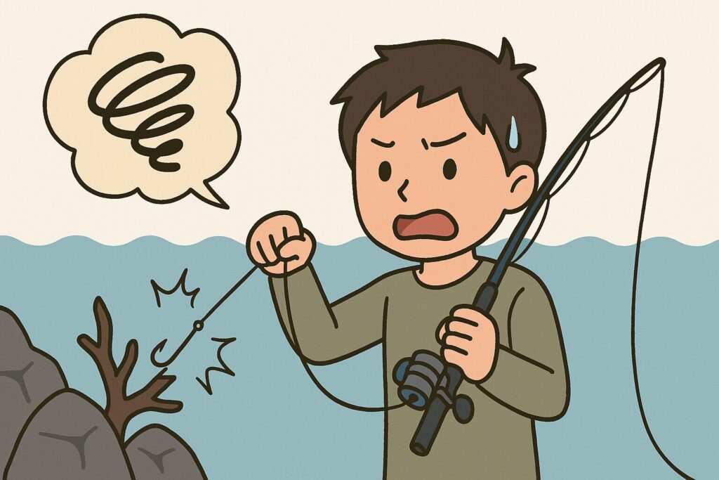 根掛かりして困っている釣り人のイラスト
