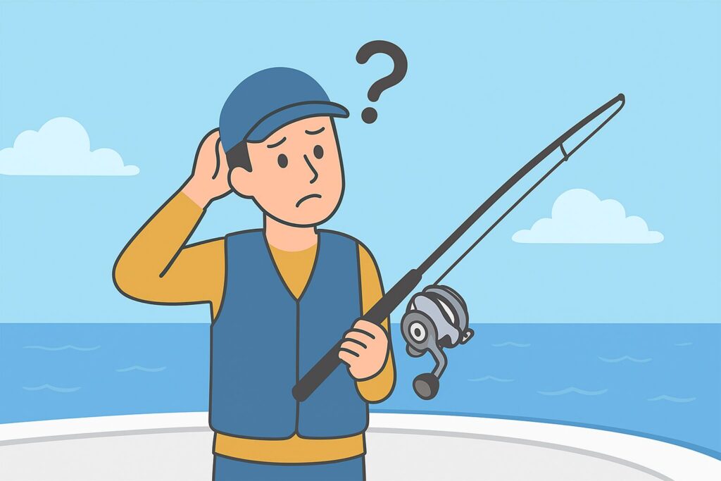 船の上でベイトリールを持ちながら首をかしげて「なぜ？」と考えている釣り人のイラスト