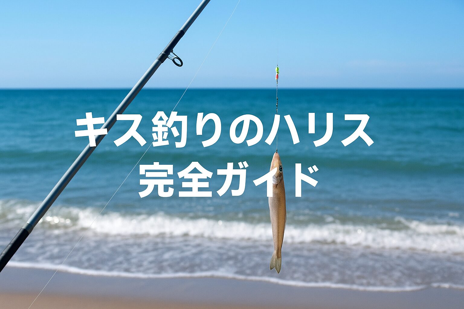 海を背景にした釣りイメージと「キス釣りのハリス完全ガイド」というタイトルテキストを中央配置したアイキャッチ画像