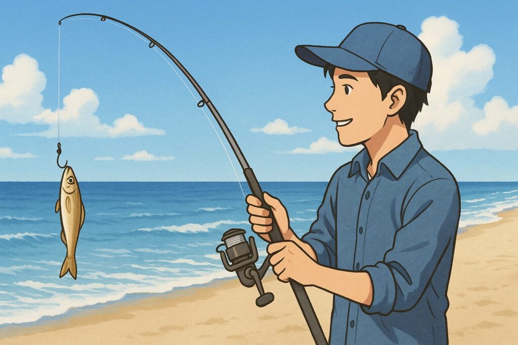 砂浜でキス釣りをしている人のイラスト