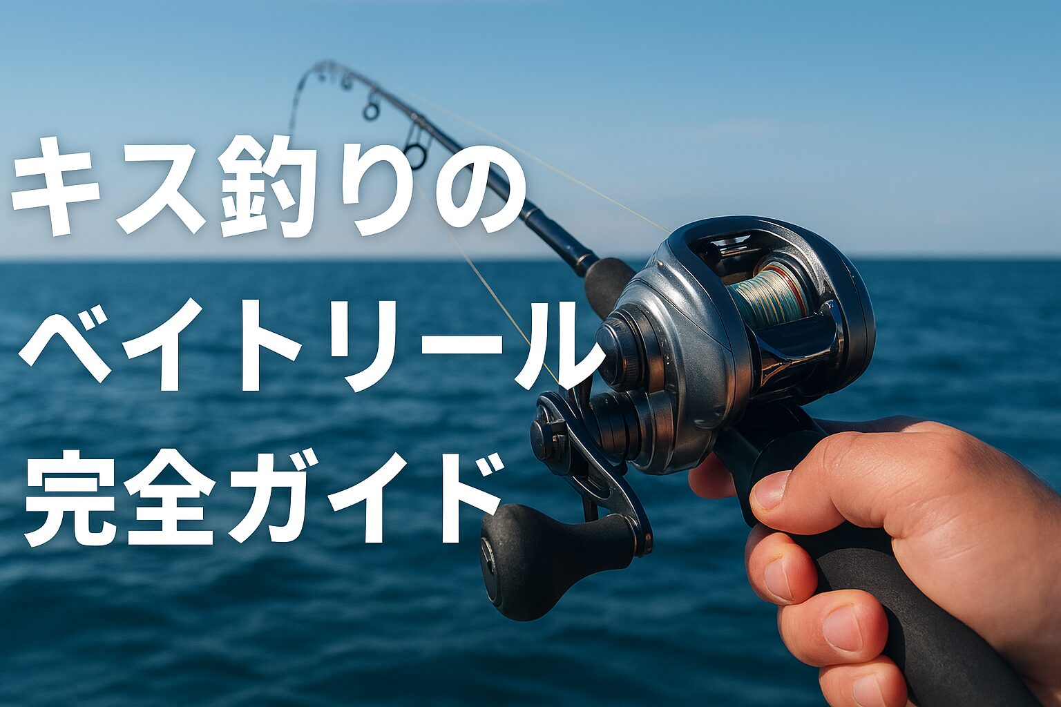船の上で使うキス釣り用ベイトリールと釣り竿を背景にした「キス釣りのベイトリール完全ガイド」というタイトル入りのアイキャッチ画像