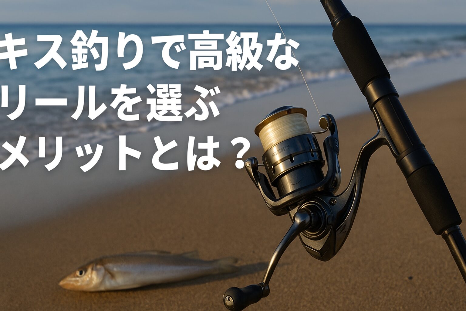 キス釣りで高級リールを使うメリットを解説する記事用のアイキャッチ画像。中央に「キス釣りで高級なリールを選ぶメリットとは？」と文字入り。