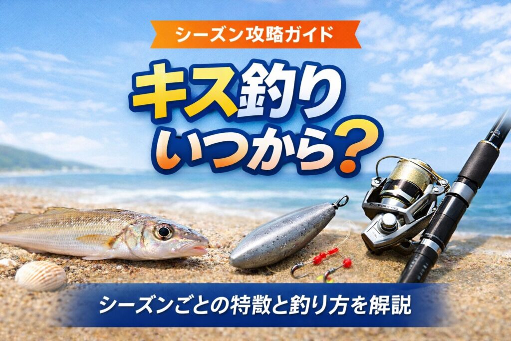 青空と海を背景に砂浜に置かれたキスと投げ釣りタックルの写真に、「キス釣り いつから？」と大きく中央に配置されたシンプルな日本語タイトルが入ったサムネイル画像。